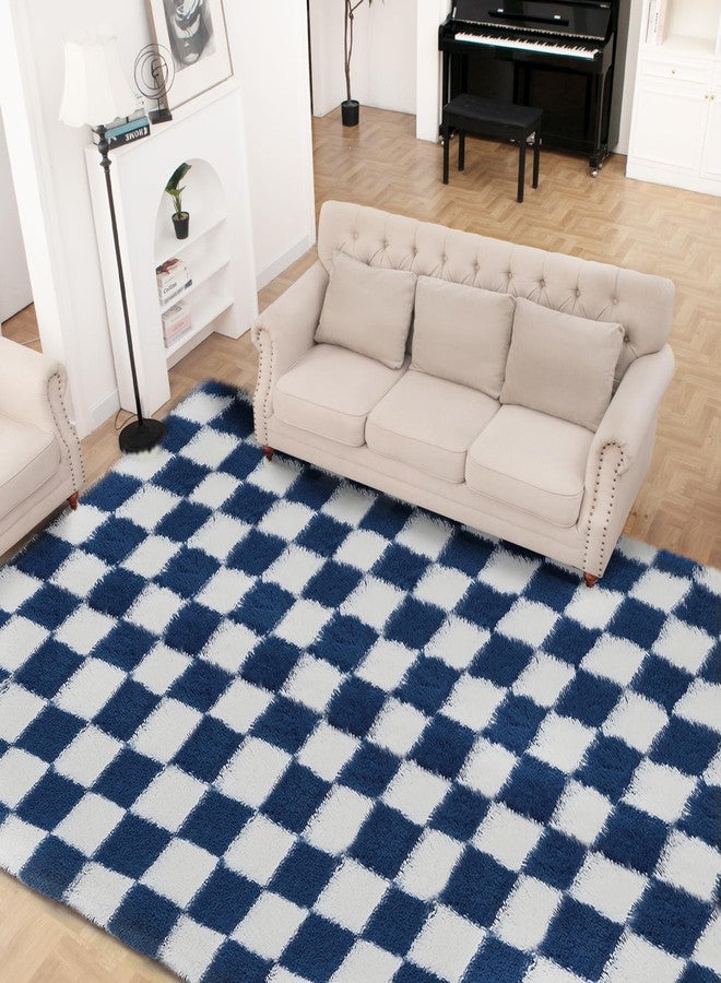 TOOHUB Super Soft Rug for Bedroom, 5x7 ft Blue and White Area Rug Classic Checkered Shaggy Anti-Skid High Pile Soft Fluffy Rug Fuzzy Carpet for Living Room Bedroom Kids Room Nursery, Dorm - Image 3