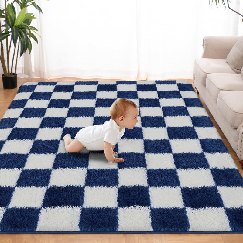 TOOHUB Super Soft Rug for Bedroom, 5x7 ft Blue and White Area Rug Classic Checkered Shaggy Anti-Skid High Pile Soft Fluffy Rug Fuzzy Carpet for Living Room Bedroom Kids Room Nursery, Dorm - Image 1