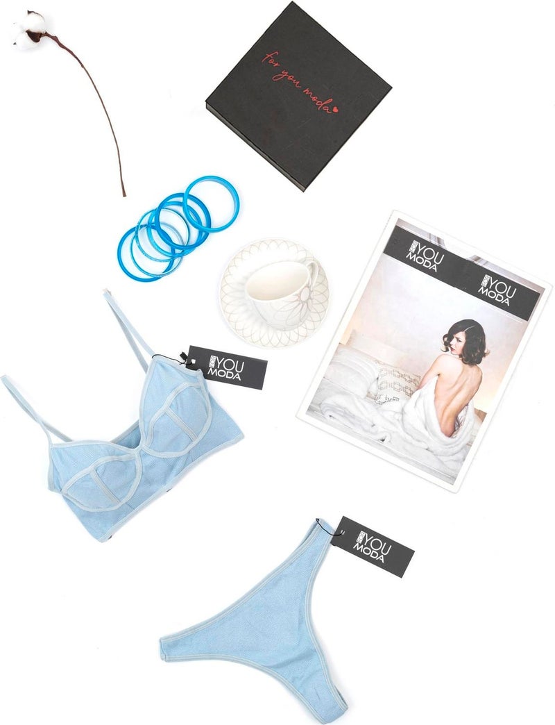 For You Lingerie 2-Piece Bralet Slip Blue Set S27661 - Image 1