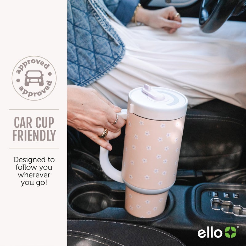 Ello Oasis 40 oz Tumbler with Handle & Retracting Straw | Reusable Insulated Stainless Steel Cup 100% Leakproof, Gifts for Teens Women Men | Keeps cold for 24 Hours, Cup Holder Friendly, Daisies - Image 5