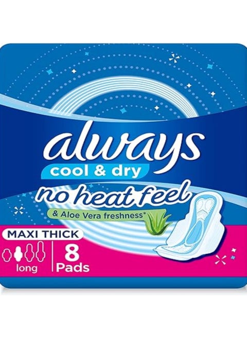 Maxi Thick Sanitary Pads – Long & Cool Dry Feel – Extra Absorbent and Comfortable – 8 Pads – For Heavy Flow and All-Day Freshness
