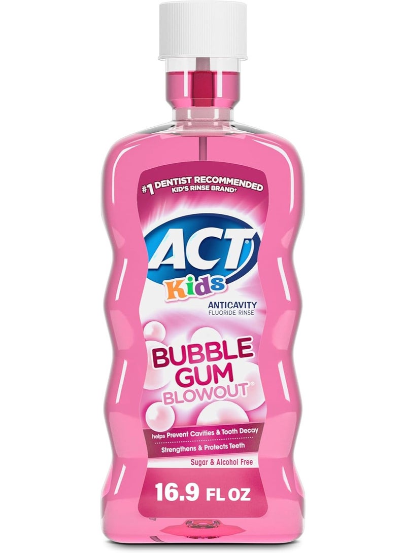 ACT Kids Anti-Cavity Fluoride Rinse Bubblegum Blowout Children's Mouthwash with Fluoride & Exact Dosage Meter,16.9 Fl Oz - Image 1