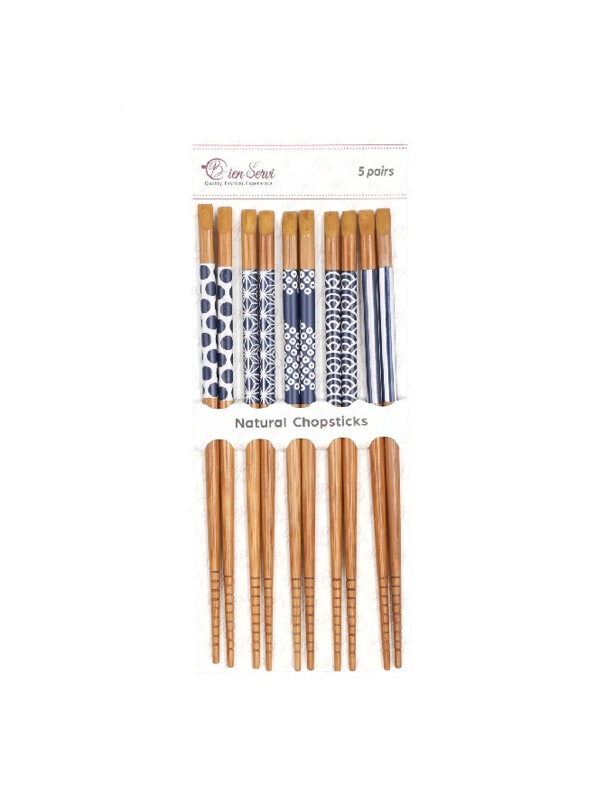 بين سيرفي طقم عيدان طعام من الخيزران بتصميمات متنوعة  قطع بني وأزرق - Image 1