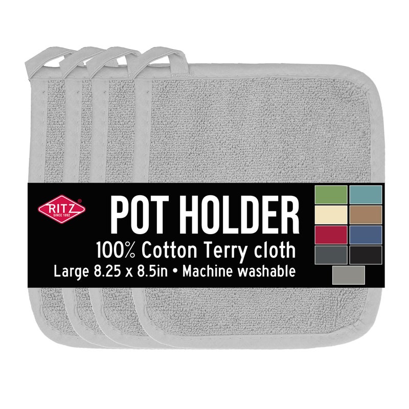 RITZ Terry Potholder & Hot Pad: Unparalleled Heat Resistant, Durable 100% Cotton â€“ Ergonomically Designed for Optimal Grip â€“ Easy-Care Machine Washable â€“ 4-Pack, Titanium Grey - Image 1