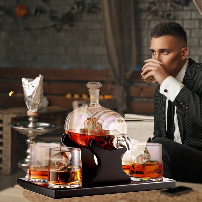 Bezrat Whiskey Decanter Barrel Set - 1000ml Liquor Dispenser - 4 Glasses - Ship in a Bottle Bar Gifts - Image 3