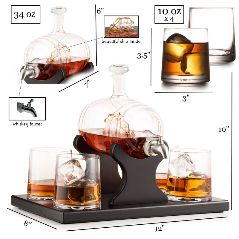 Bezrat Whiskey Decanter Barrel Set - 1000ml Liquor Dispenser - 4 Glasses - Ship in a Bottle Bar Gifts - Image 2