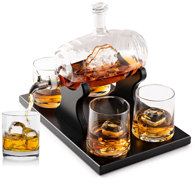 Bezrat Whiskey Decanter Barrel Set - 1000ml Liquor Dispenser - 4 Glasses - Ship in a Bottle Bar Gifts - Image 5