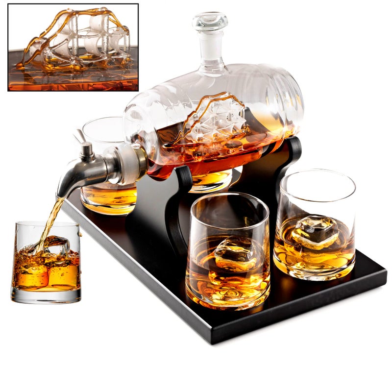 Bezrat Whiskey Decanter Barrel Set - 1000ml Liquor Dispenser - 4 Glasses - Ship in a Bottle Bar Gifts - Image 1