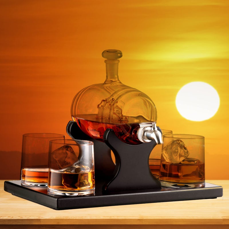 Bezrat Whiskey Decanter Barrel Set - 1000ml Liquor Dispenser - 4 Glasses - Ship in a Bottle Bar Gifts - Image 4