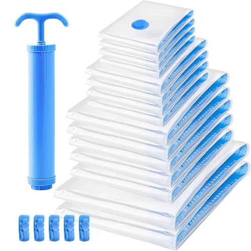 PRIME PICK Vacuum Storage Bags with Hand Pump 15-Pack (4 Medium 4 Large 5 Jumbo 2 X-Jumbo Durable Plastic Space-Saving Compression Bags Protects from Dust Moisture Odors Transparent - Image 1