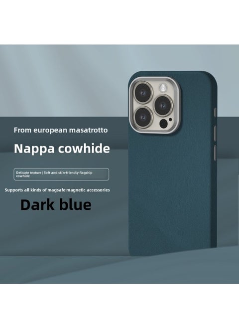 All-inclusive Fine Leather Case MagSafe Magnetic Application IPhone14pro Max Apple 15 Phone Case 13 Solid Color-Color:XYM Fine Leather Dark Blue-Applicable Model:13promax (without Packaging)