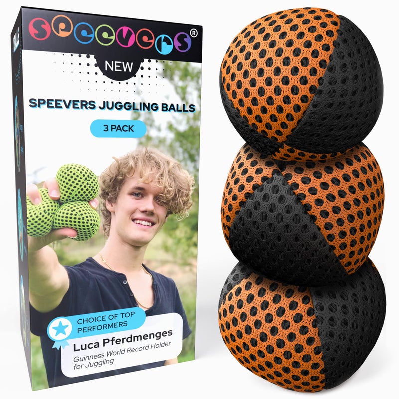 speevers Juggling Balls for Beginners and Professionals Set of 3  14 Colors Available  2 Layers of Net and Carry Case  Xballs Juggling Balls (Black - Orange  3.9 oz)