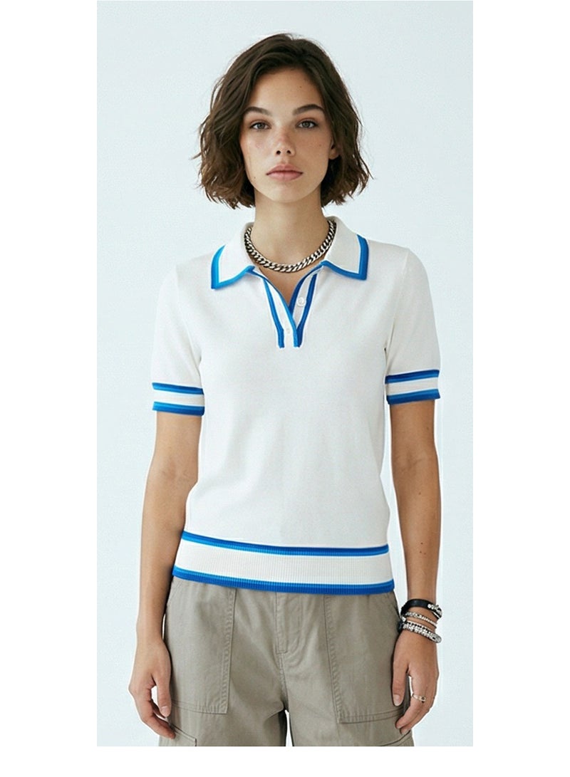 RAVIN Contrast Trim Short Sleeve Tricot Knit Polo Top - Image 1