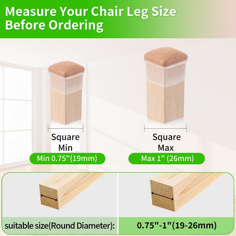 GAGUIUP 16Pcs Silicone Chair Leg Caps, Clear Chair Leg Floor Protectors For Hardwood Floors, Square Felt Chair Pads, Barstool Desk Furniture Feet Floor Protectors, Anti-Scratches, Reduce Noise(Fit: 0.75""-1"") - Image 5