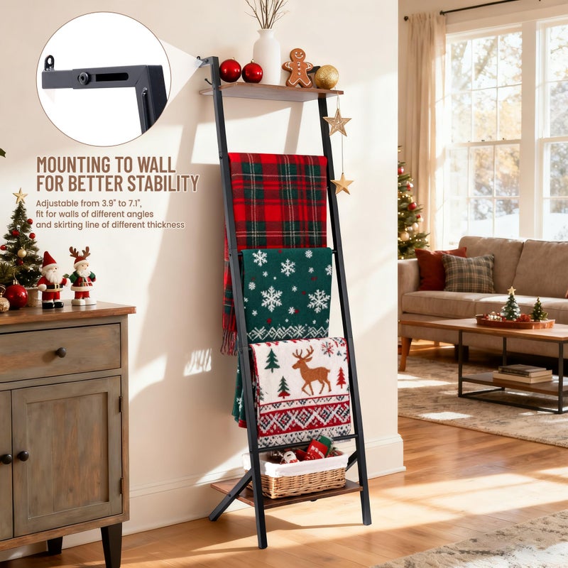 Outink 5 Tier Blanket Ladder with Shelf and Hooks, 4.8ft Metal Ladder Shelf Blanket Holder Storage Rack for Living Room, Free Standing Blanket Rack for Storage and Home Decor - Image 2
