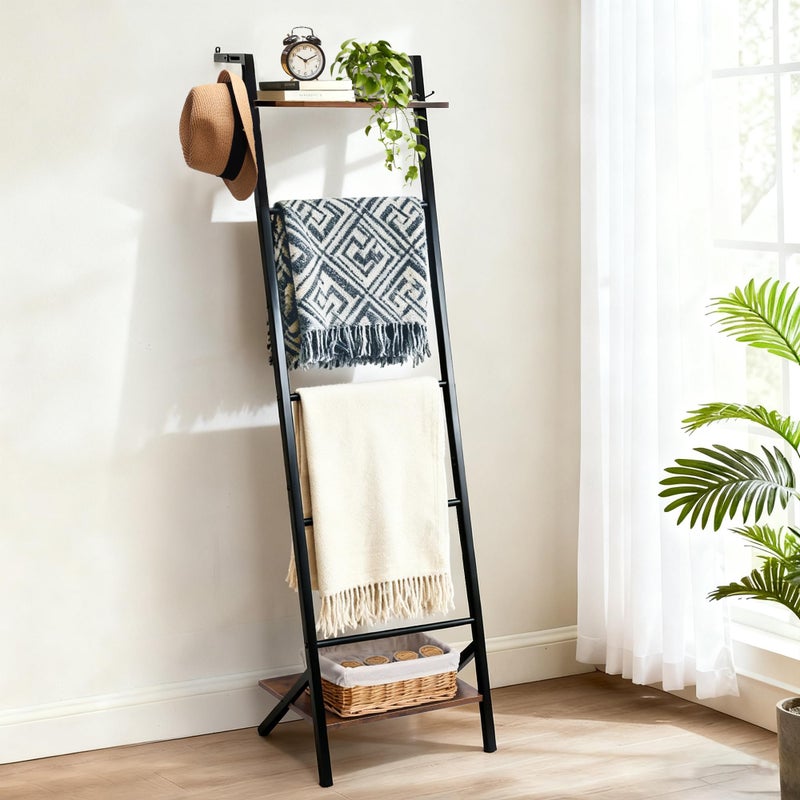 Outink 5 Tier Blanket Ladder with Shelf and Hooks, 4.8ft Metal Ladder Shelf Blanket Holder Storage Rack for Living Room, Free Standing Blanket Rack for Storage and Home Decor - Image 1