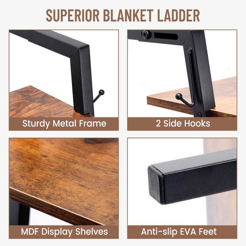 Outink 5 Tier Blanket Ladder with Shelf and Hooks, 4.8ft Metal Ladder Shelf Blanket Holder Storage Rack for Living Room, Free Standing Blanket Rack for Storage and Home Decor - Image 3