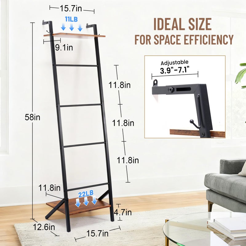 Outink 5 Tier Blanket Ladder with Shelf and Hooks, 4.8ft Metal Ladder Shelf Blanket Holder Storage Rack for Living Room, Free Standing Blanket Rack for Storage and Home Decor - Image 4