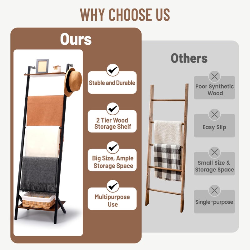 Outink 5 Tier Blanket Ladder with Shelf and Hooks, 4.8ft Metal Ladder Shelf Blanket Holder Storage Rack for Living Room, Free Standing Blanket Rack for Storage and Home Decor - Image 5
