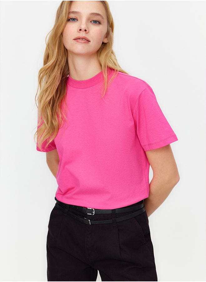 trendyol - Dark Pink 100% Cotton Basic High Neck Knitted T-Shirt TWOAW20TS0096 - Image 1
