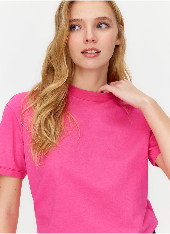 trendyol - Dark Pink 100% Cotton Basic High Neck Knitted T-Shirt TWOAW20TS0096 - Image 1