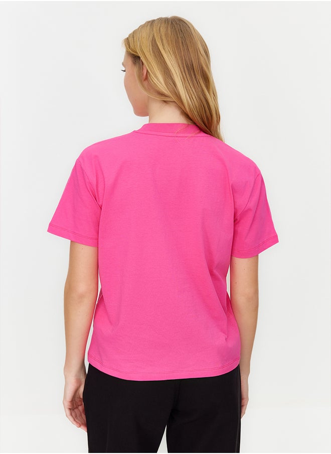 trendyol - Dark Pink 100% Cotton Basic High Neck Knitted T-Shirt TWOAW20TS0096 - Image 1