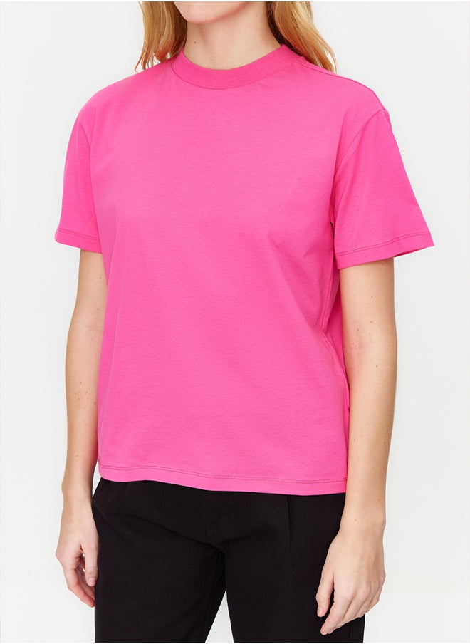 trendyol - Dark Pink 100% Cotton Basic High Neck Knitted T-Shirt TWOAW20TS0096 - Image 1