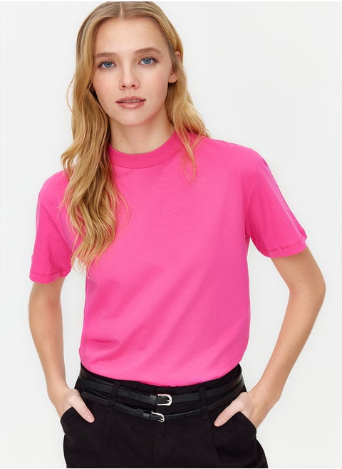 Dark Pink 100% Cotton Basic High Neck Knitted T-Shirt TWOAW20TS0096