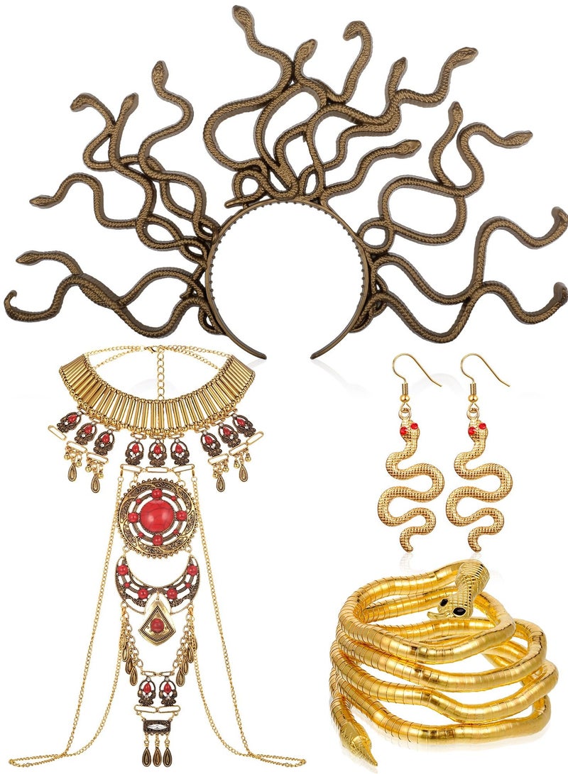 SYOSI 4 Pcs Medusa Snake Costume Set Boho Red Turquoise Necklace Medusa Snake Headband Headpiece Snake Earrings Bendable Snake Bracelet Medusa Costume Accessories  - Image 1