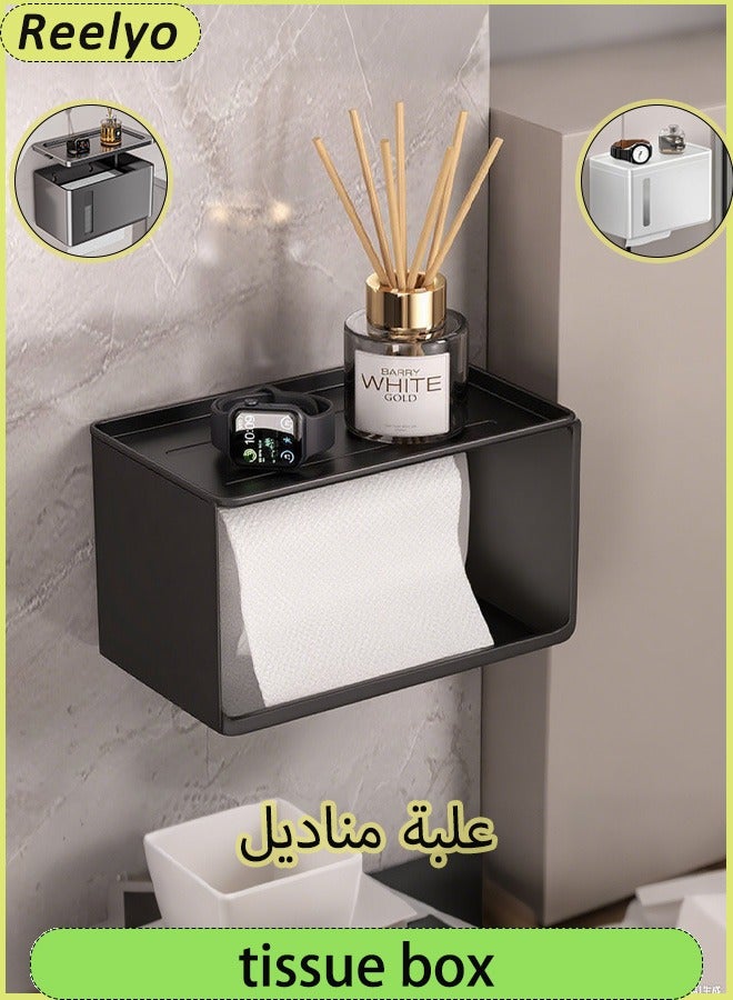 Reelyo Wall-Mounted Tissue Holder Punch-Free Tissue Dispenser Transparent Punch-Free Bathroom Toilet Paper Case Phone Rack Clear Tissue Storage  For Bathroom Living Room Bedroom  Office Black  - Image 1