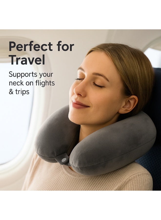 Velvet U-Shape Travel Neck Pillow with Button – Grey – Soft Support for Travel & Home - Image 3