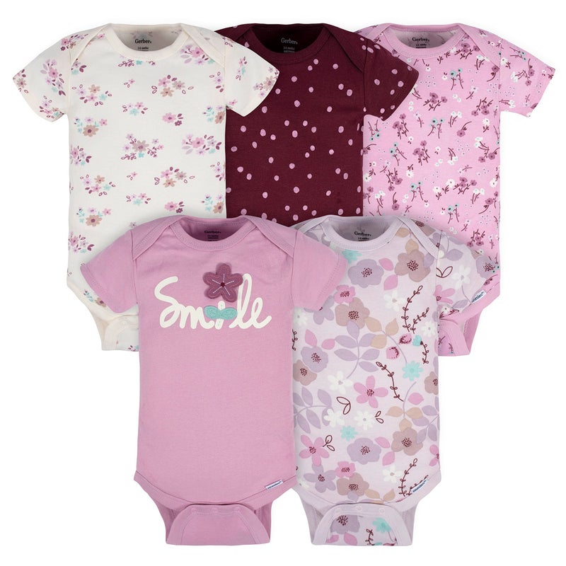 Gerber Baby Girls 5-pack Short Sleeve Variety Onesies Bodysuits Shirt, Lavender Garden, 0-3 Months US - Image 1