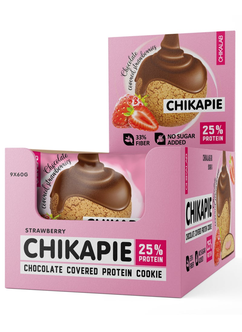 Chikalab - CHIKAPIE Chocolate Covered Protein Cookie with Strawberry Filling No Sugar Added 9x60g - Image 1