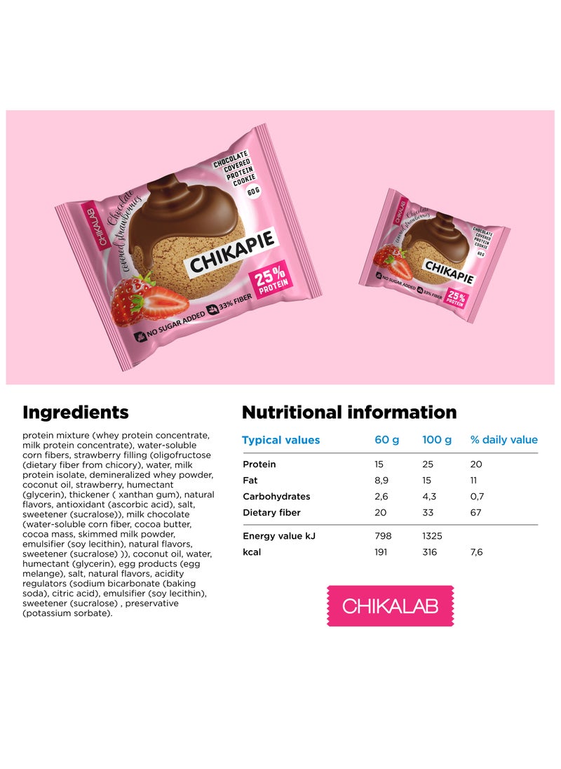 Chikalab - CHIKAPIE Chocolate Covered Protein Cookie with Strawberry Filling No Sugar Added 9x60g - Image 1
