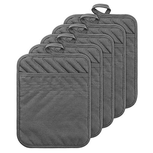 GROBRO7 5Pack Pocket Pot Holders Cotton Heat Resistant Potholder Multipurpose Hot Pads Machine Washable Oven Mitts Cooking Pads Bulk for Daily Kitchen Baking and Cooking 89 x 69 Inch Grey