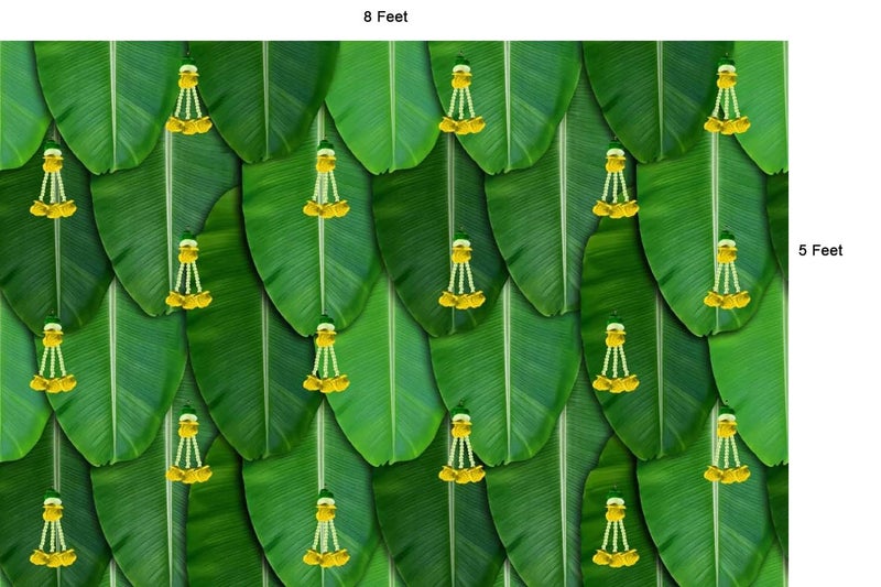 bague Green Banana Leaf Backdrop Cloth for Pooja Decoration Traditional, Background Decoration Cloth for Pooja Background, Curtain Cloth for Festival Fabric 8x5 Feet (Banana Leaf Yellow Flower Addu) - Image 2