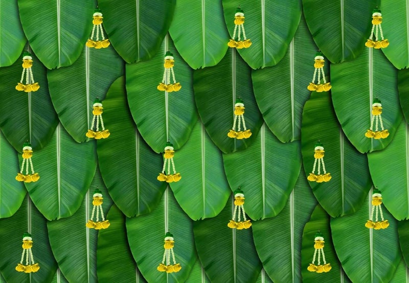 bague Green Banana Leaf Backdrop Cloth for Pooja Decoration Traditional, Background Decoration Cloth for Pooja Background, Curtain Cloth for Festival Fabric 8x5 Feet (Banana Leaf Yellow Flower Addu) - Image 4