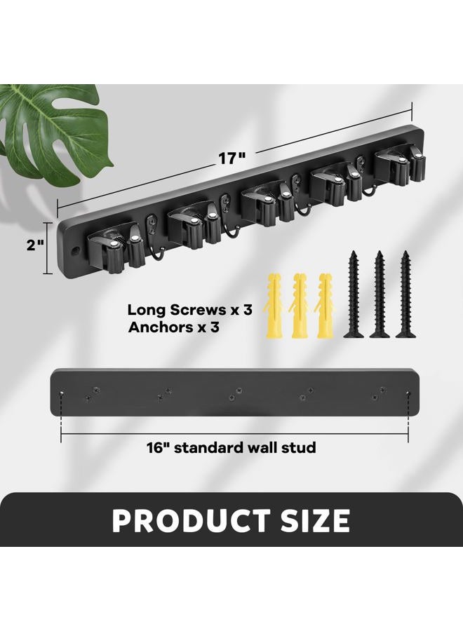 IMILLET Broom Holder Wall Mount, Wood Broom Holder with 5 Racks and 4 Hooks Broom Organizer, Laundry Room Organization and Storage, Mop Hanger for Home Organization, Garden, Garage, Closet (Black) - Image 5