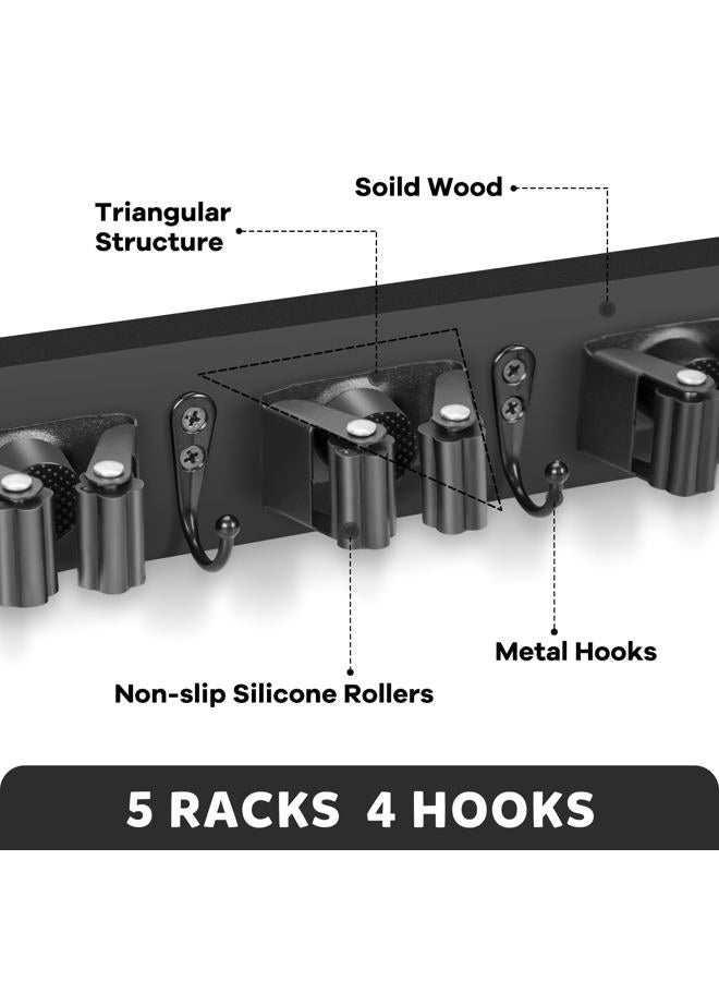 IMILLET Broom Holder Wall Mount, Wood Broom Holder with 5 Racks and 4 Hooks Broom Organizer, Laundry Room Organization and Storage, Mop Hanger for Home Organization, Garden, Garage, Closet (Black) - Image 2