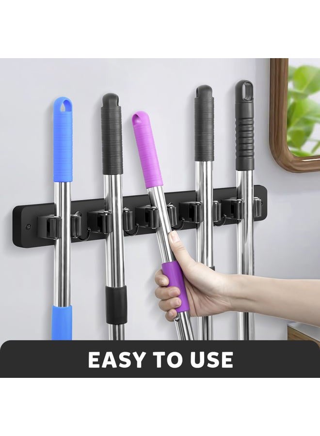 IMILLET Broom Holder Wall Mount, Wood Broom Holder with 5 Racks and 4 Hooks Broom Organizer, Laundry Room Organization and Storage, Mop Hanger for Home Organization, Garden, Garage, Closet (Black) - Image 3