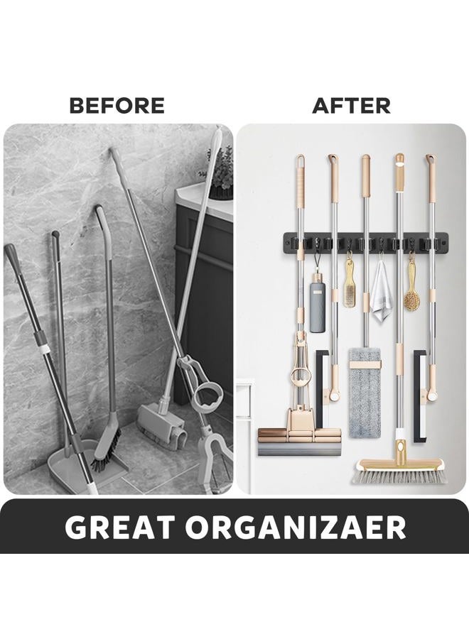 IMILLET Broom Holder Wall Mount, Wood Broom Holder with 5 Racks and 4 Hooks Broom Organizer, Laundry Room Organization and Storage, Mop Hanger for Home Organization, Garden, Garage, Closet (Black) - Image 4