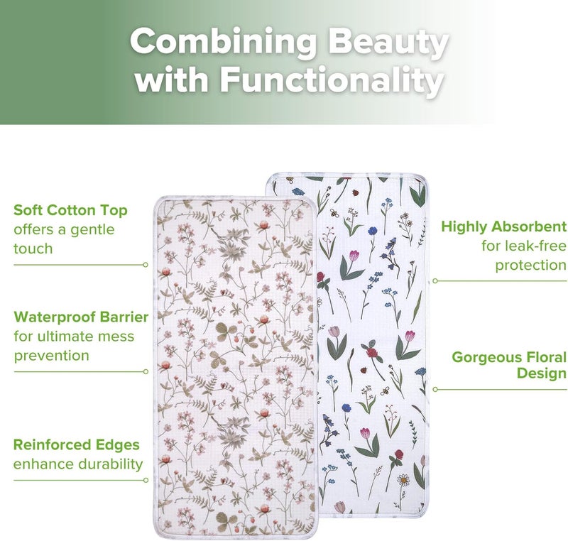 haakaa Waterproof Changing Pad Liners, Portable Baby Changing Pad Cover, Diaper Changing Mat Reusable, 100% Cotton, Ultra Soft Breathable, Honey Blossom+Vintage Garden (2pcs, 13" x 27.5") - Image 4