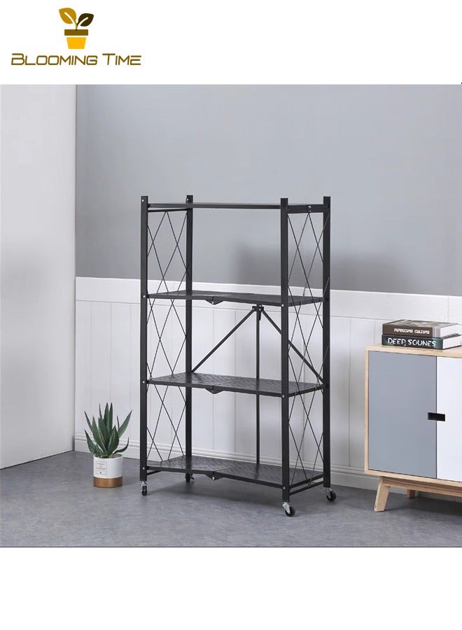 BLOOMING TIME Four-Layer Foldable Storage Racks With Wheels, Kitchen Storage Racks, Pantry And Closet Storage, Maternal And Child Supplies Storage, Study Finishing, Black  - Image 1