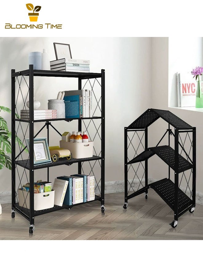 BLOOMING TIME Four-Layer Foldable Storage Racks With Wheels, Kitchen Storage Racks, Pantry And Closet Storage, Maternal And Child Supplies Storage, Study Finishing, Black - Image 2