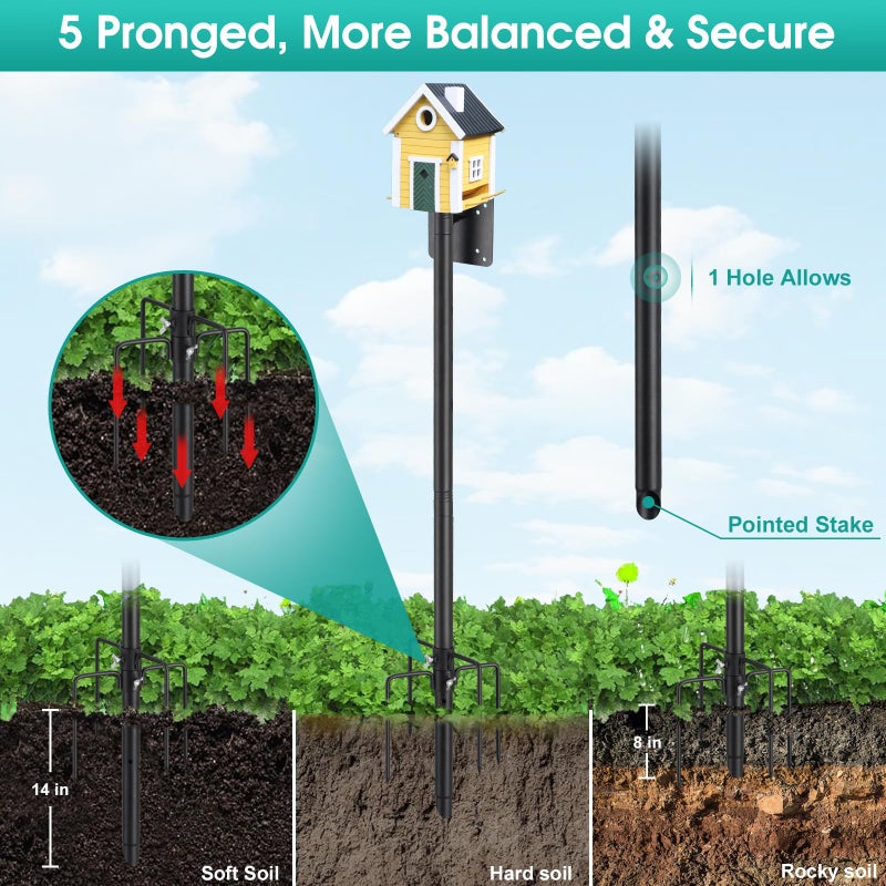 DEROFIT Bird House Pole,74 Inch Heavy Duty Bird Feeder Pole Mount Kit for Outdoors, 5-Prong Base, Splicing Adjustable Feeding Stand Station for Birds Watching,Weather Station (Birds House Not Included) - Image 2