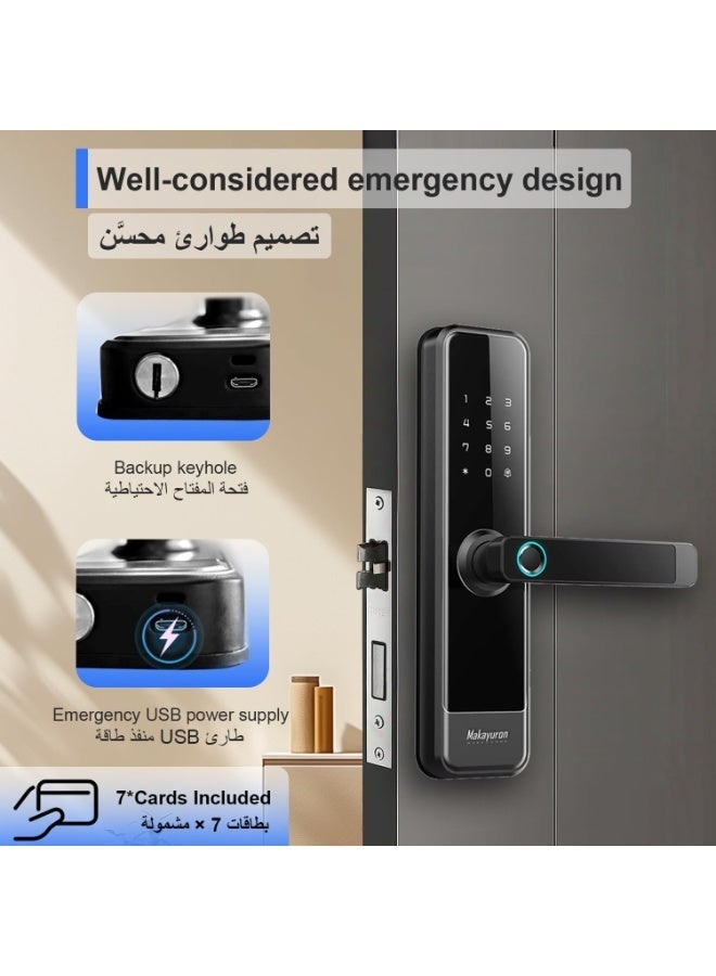 ماكايورون قفل باب ذكي مع نقر 4585 مع طرق فتح 5 في 1 - تطبيق تي تي لوك بلوتوث، بصمة اصبع، رمز مرور، 7 بطاقات ومفتاح ميكانيكي، دخول امن بدون مفتاح للمنزل والمكتب (M305، اسود) - Image 3