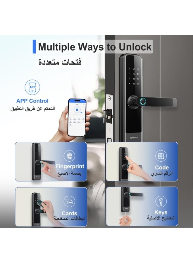 ماكايورون قفل باب ذكي مع نقر 4585 مع طرق فتح 5 في 1 - تطبيق تي تي لوك بلوتوث، بصمة اصبع، رمز مرور، 7 بطاقات ومفتاح ميكانيكي، دخول امن بدون مفتاح للمنزل والمكتب (M305، اسود) - Image 5