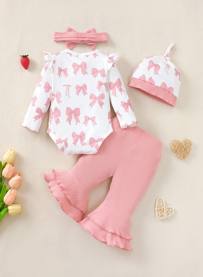 Renotemy Newborn Infant Baby Girl Clothes 0-3 Months Baby Girl Outfit Infant Long Sleeve Romper Clothes Coming Home Newborn Essentials Outfits Gifts Pink Bell Bottom Pants Bodysuit Clothing Set - Image 4