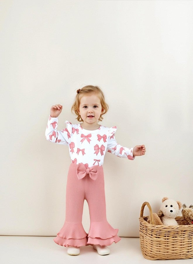 Renotemy Newborn Infant Baby Girl Clothes 0-3 Months Baby Girl Outfit Infant Long Sleeve Romper Clothes Coming Home Newborn Essentials Outfits Gifts Pink Bell Bottom Pants Bodysuit Clothing Set - Image 2