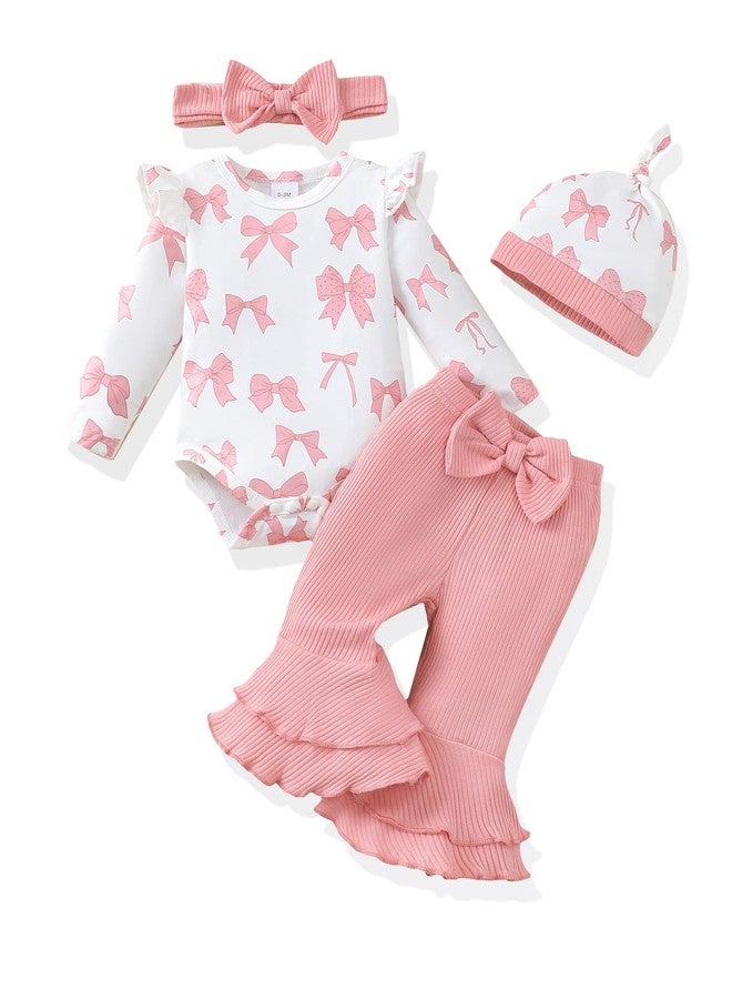 Renotemy Newborn Infant Baby Girl Clothes 0-3 Months Baby Girl Outfit Infant Long Sleeve Romper Clothes Coming Home Newborn Essentials Outfits Gifts Pink Bell Bottom Pants Bodysuit Clothing Set - Image 1